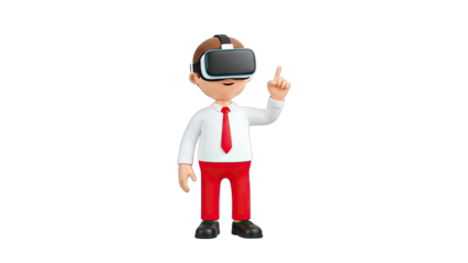 3D Cartoon Man Wearing VR Headset Pointing Up on White Background