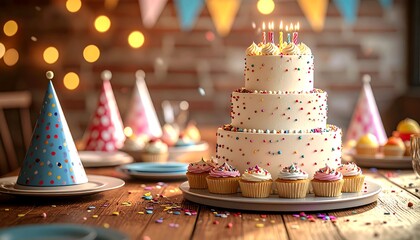 A festive birthday celebration with a multi-tiered cake adorned with sprinkles and lit candles, surrounded by cupcakes and party hats, set on a rustic wooden table amidst bokeh lights