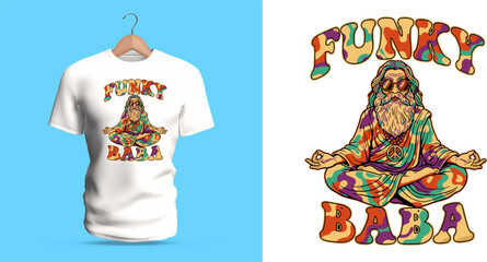 Vector T-shirt design of a meditating bearded man in colorful psychedelic patterns with the text “Funky Baba.” The character’s flowing robes, swirling motifs, and vibrant rainbow palette