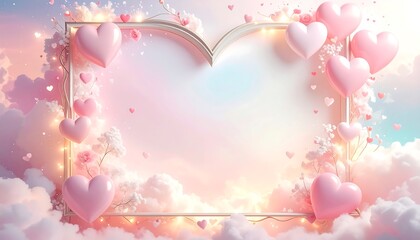 Soft pastel composition with a heart-shaped frame adorned with pink hearts and floral accents amidst fluffy clouds