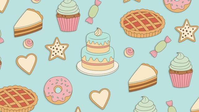 Animated background with drawn sweets and pastries. Drawn cakes, donuts, cupcakes, and cookies. Suitable for videos about sweets, cafes, and pastries.