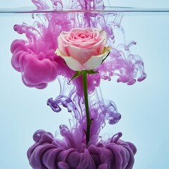 Beautiful pink rose submerged in water surrounded by vibrant swirling purple and pink ink plumes against a light blue background.