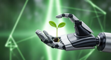 Robotic hand delicately holding a seedling, symbolizing technological stewardship