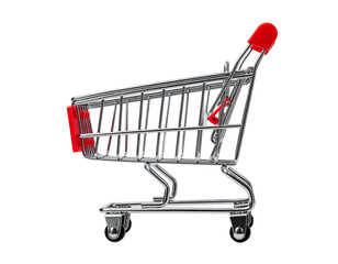 Miniature metallic shopping cart with red accents against black