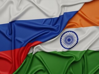 Wavy, textured silk flags of Russia and India draped together, symbolizing international relations and diplomatic ties.