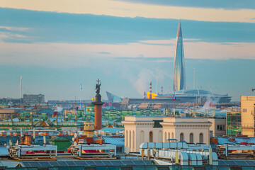 Aerial view of St. Petersburg's historic center, the Lakhta Center, and the Alexander Column.