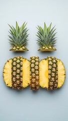 Sliced Pineapple Fruit Cross-Sections and Leaves on a Light Blue Background