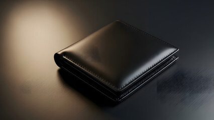Luxury black leather wallet on dark background with spotlight Generative AI