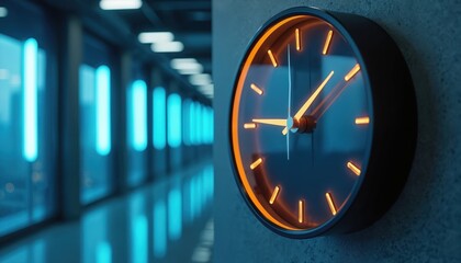 Modern clock on wall in office corridor. Illuminated clock face shows time in corporate building. Blue neon lights in hallway background. Time management in business environment.