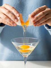 Hands Cracking Fresh Egg Yolk and White into a Martini Glass
