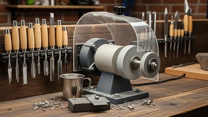 Illustration of a lathe machine with various woodworking tools on a workbench in a workshop environment with a mug and metal scraps