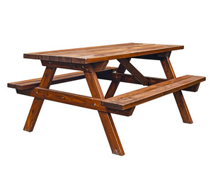 Rustic wooden picnic table with attached benches, isolated