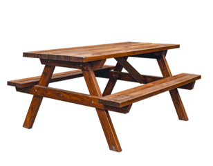 Rustic wooden picnic table with attached benches, isolated