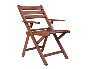 A wooden folding chair with slatted back and seat