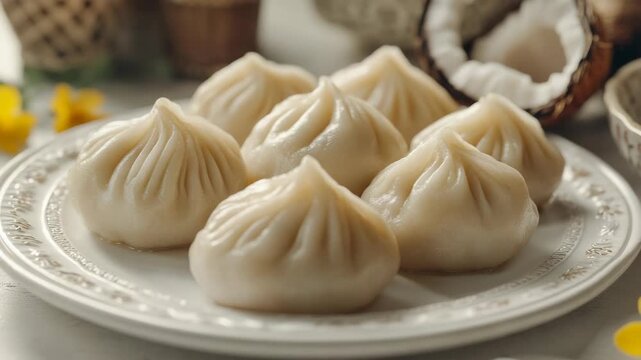 Steamed dumplings on white plate. Coconut in background. Chinese food.