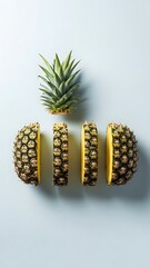 Sliced Pineapple Fruit Cross-Sections and Crown on a Light Blue Background
