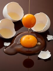 Raw Egg Yolk and White Spilling onto a Dark Brown Surface with Shells
