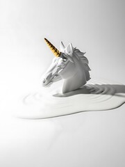 Minimalist White Ceramic Unicorn Bust with Golden Horn in White Liquid