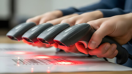 Four hands scanning barcodes with barcode scanners, creating a row of red light