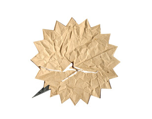 Jagged brown paper burst, torn and creased, with white thread