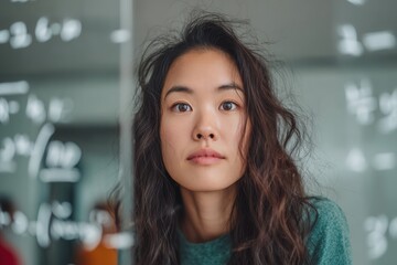 Young woman student focused on learning, problem solving, thinking