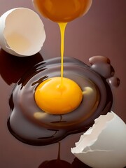 Raw Egg Yolk Dripping from Cracked Shell onto Brown Background