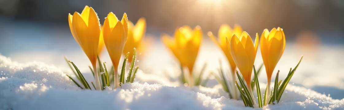 Yellow crocus flowers grow through melting snow in warm sunlight. First spring primroses bloom, pushing from cold ground. Symbol of hope, resilience, end of winter season. Nature background for