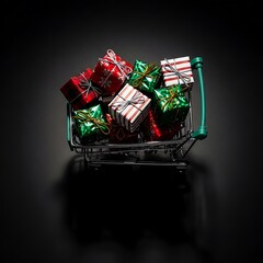 Miniature Shopping Cart Filled with Red and Green Christmas Gift Boxes on a Dark Background with Spotlight