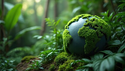 Vibrant green Earth globe, continents covered in vivid moss, nestled amongst rich tropical foliage on forest ground. Image healthy, sustainable planet, eco friendly future, nature conservation,