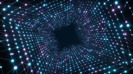 Futuristic digital grid background with glowing neon lights, forming an abstract data tunnel for an immersive technology and network visualization - Powered by Adobe