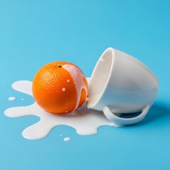 Creative Still Life of a Fresh Orange with Spilled Milk from a Tipped White Cup on a Bright Blue Background