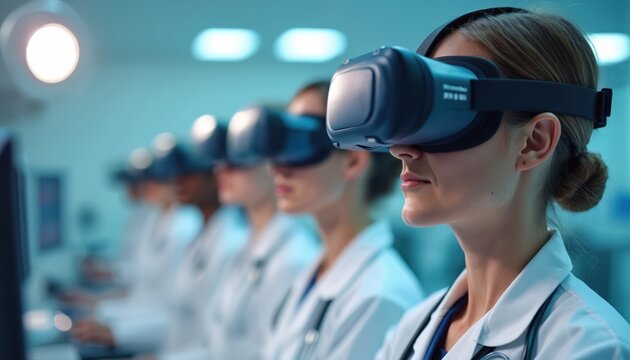 Female doctor in VR headset at medical training. Group of diverse students practice surgery using futuristic simulator. Healthcare professionals learn innovative tech in virtual reality class. - Powered by Adobe