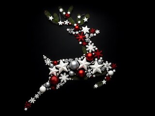 Festive Christmas Reindeer Silhouette Made of Holiday Ornaments and Spruce Branches on Black Background