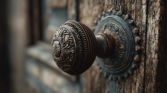 Ornate antique door knob on weathered wooden door - Powered by Adobe