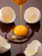Raw Egg Yolk Pouring onto a Dark Reflective Surface Surrounded by White Cracked Eggshells for Cooking