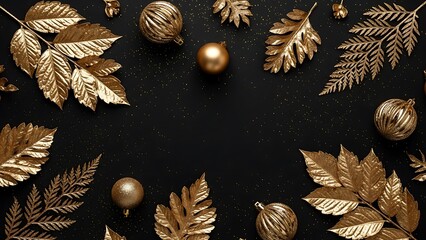 Luxurious Golden Christmas Decorations and Leaves on a Glittery Black Background with Copy Space