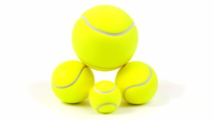 Four bright yellow tennis balls on a white surface.