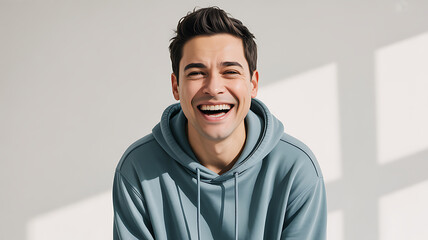 Obraz premium Man laughing heartily wearing a teal hoodie male happiness