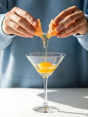 Hands Cracking a Raw Egg into a Martini Glass for Creative Cooking or a Unique Cocktail Ingredient