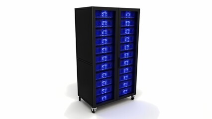 A tall black vending machine with blue lights on it.