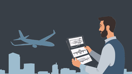 Aircraft Manufacturing Engineer Reviewing Aircraft Blueprint Design &ndash; Vector Illustration