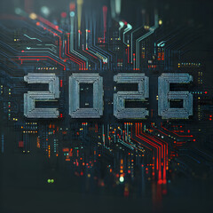 New Year 2026 Circuit Board, isolated on white background and isolated on transparent background