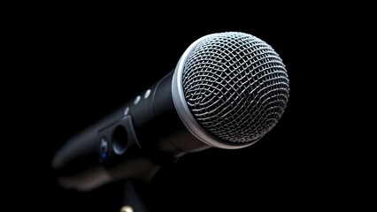 A close-up of a black and white microphone against a black background.