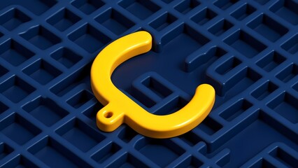 A bright yellow magnet sitting on top of a blue metal grate.