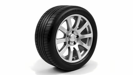 A close-up of a black and silver car tire against a white backdrop.