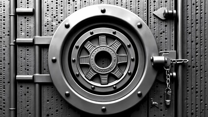 A close-up of a round metal door with a chain attached to it.