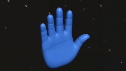 A close-up shot of a blue lit up hand against a black background.