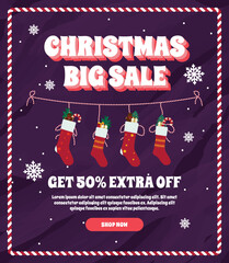 Christmas Big Sale banner featuring hanging stockings and snowflakes. Announce 50% extra off for your holiday marketing campaigns!