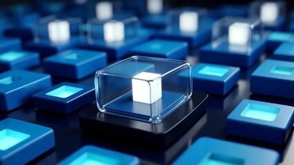 A glass cube sitting on top of a black table surrounded by blue squares.