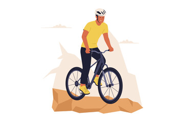 Vector Illustration of Man Mountain Biking and Off-Road Cycling. Cyclist Riding a Bicycle on a Rocky Trail for Extreme Sport